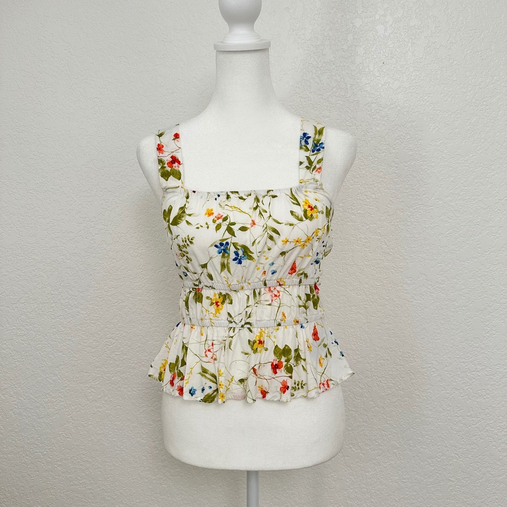 Vero Moda Singlet Top Women M White Floral Smocked Peplum Sleeveless Blouse